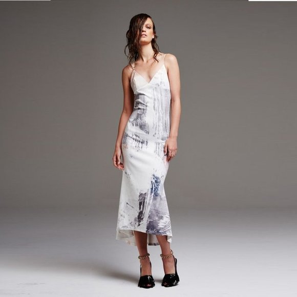 MAURIE & EVE Untold Silver Print Stretch Slip Formal Evening Midi Dress - Picture 4 of 10